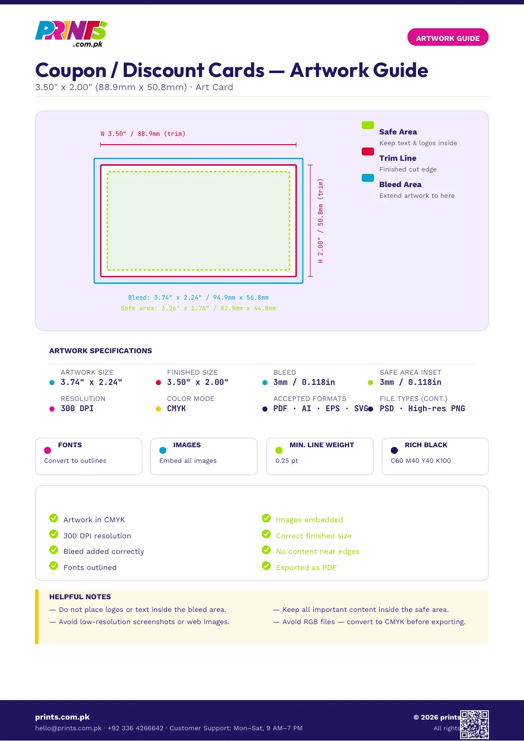 Coupon / Discount Cards artwork guide showing bleed, trim line and safe area