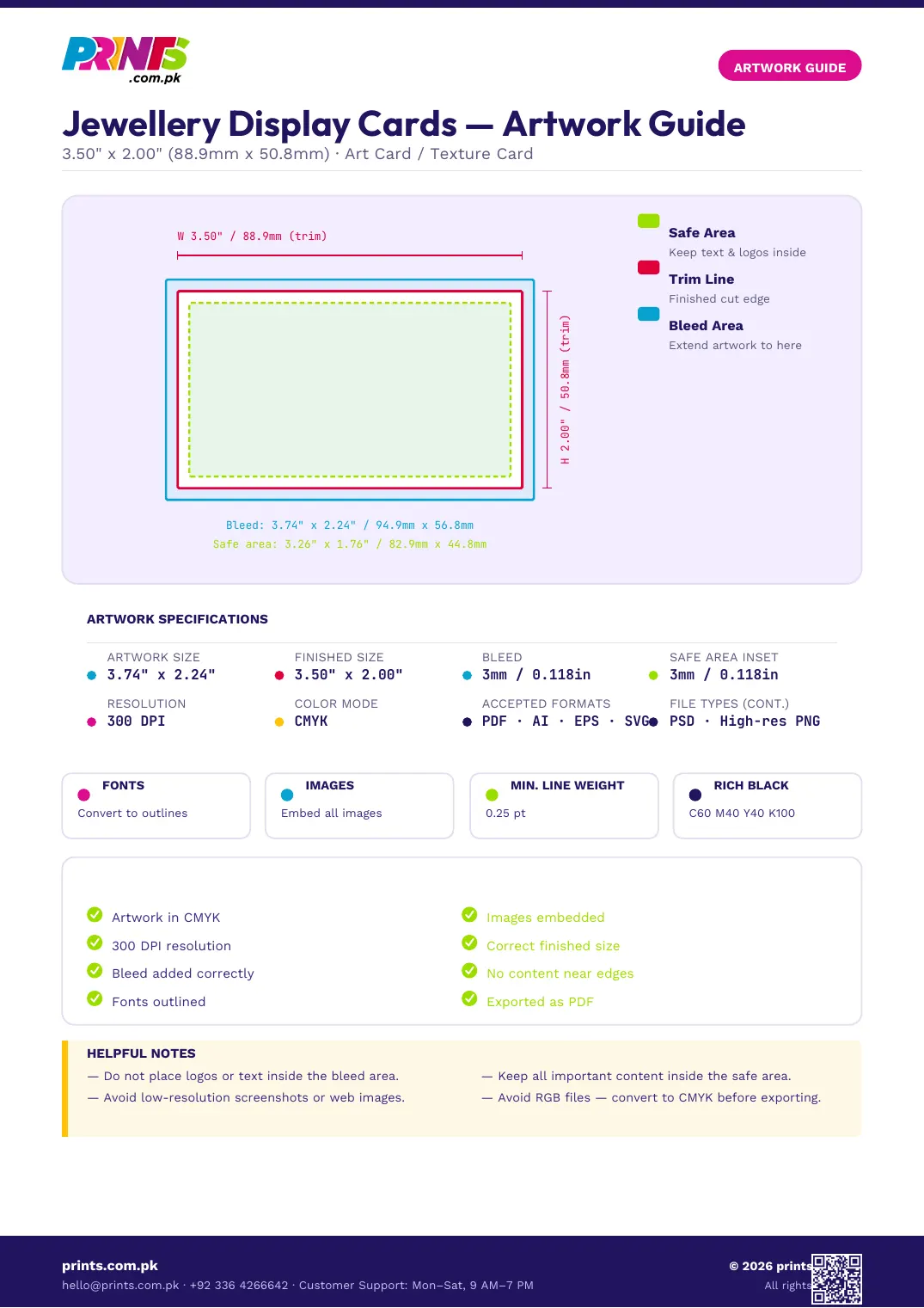 Jewellery Display Cards artwork guide showing bleed, trim line and safe area