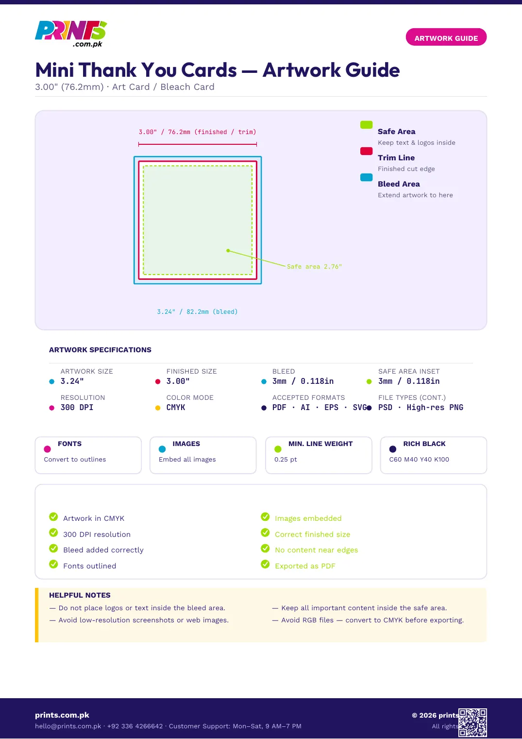 Mini Thank You Cards artwork guide showing bleed, trim line and safe area