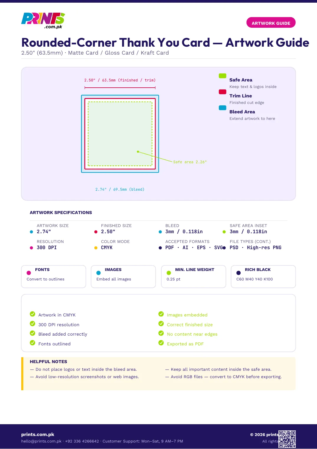 Thank You Card artwork guide showing bleed, trim line and safe area
