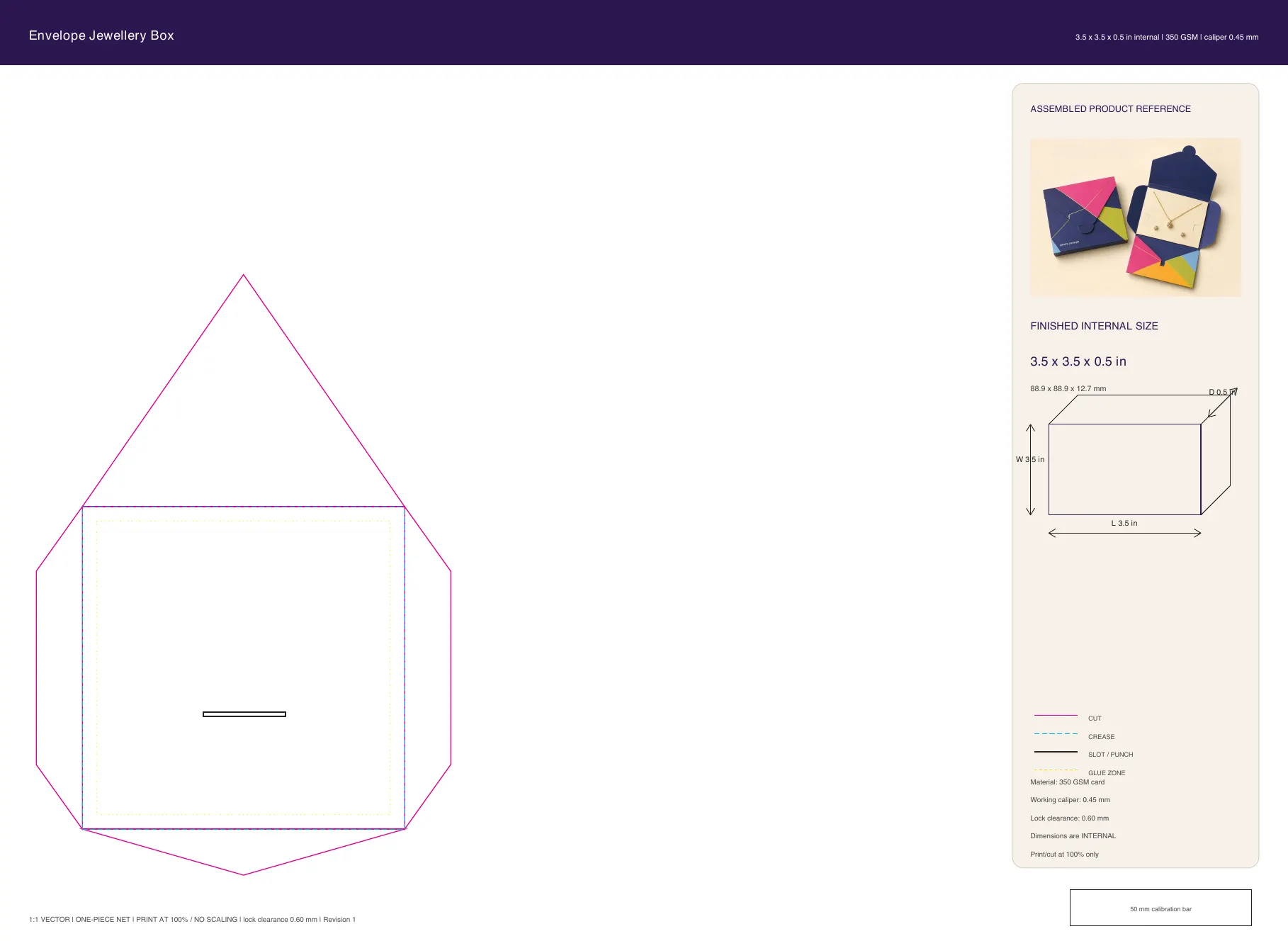 Envelope Jewellery Box artwork guide showing dieline layout