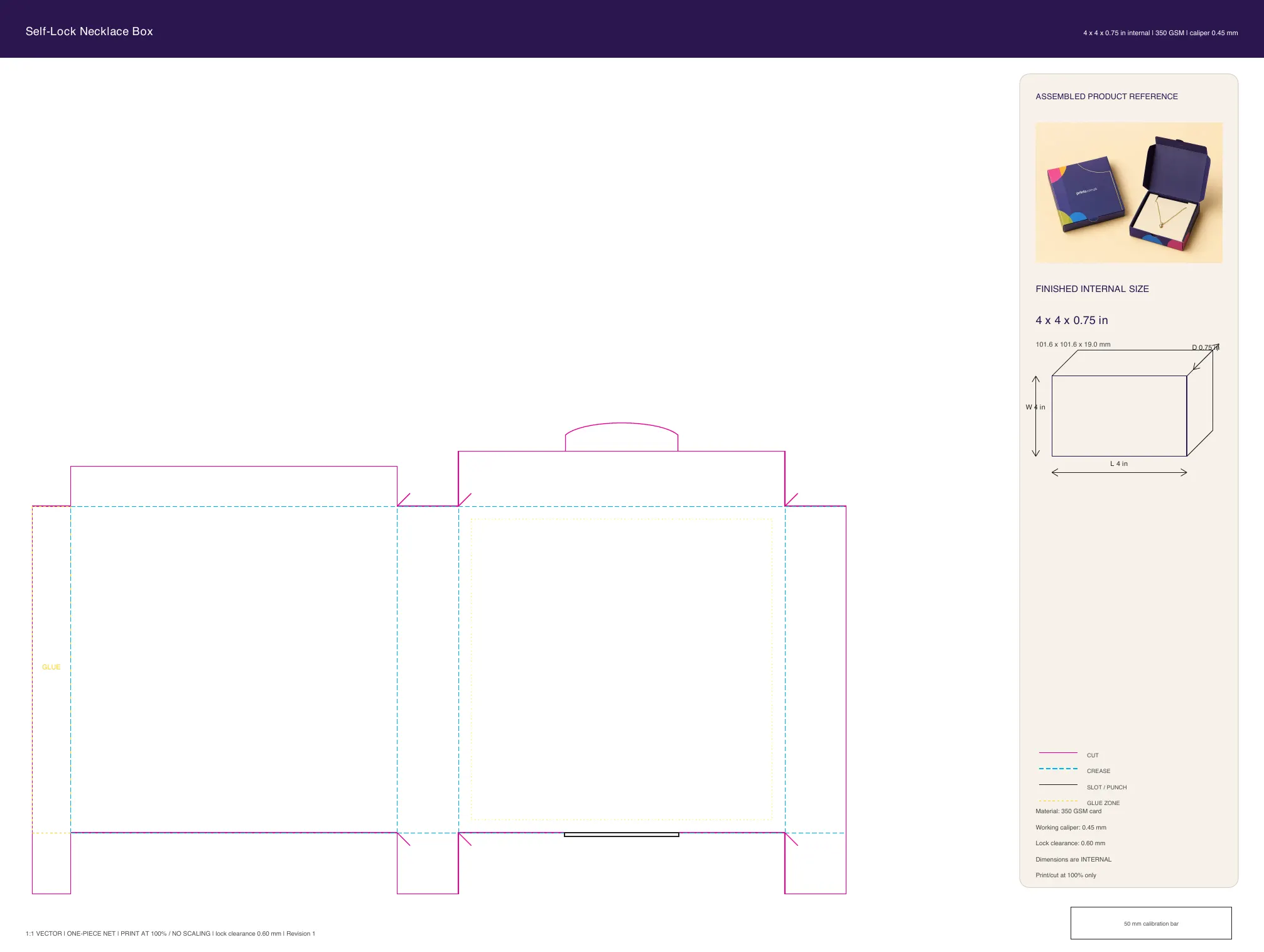 Self-Lock Necklace Box artwork guide showing dieline layout