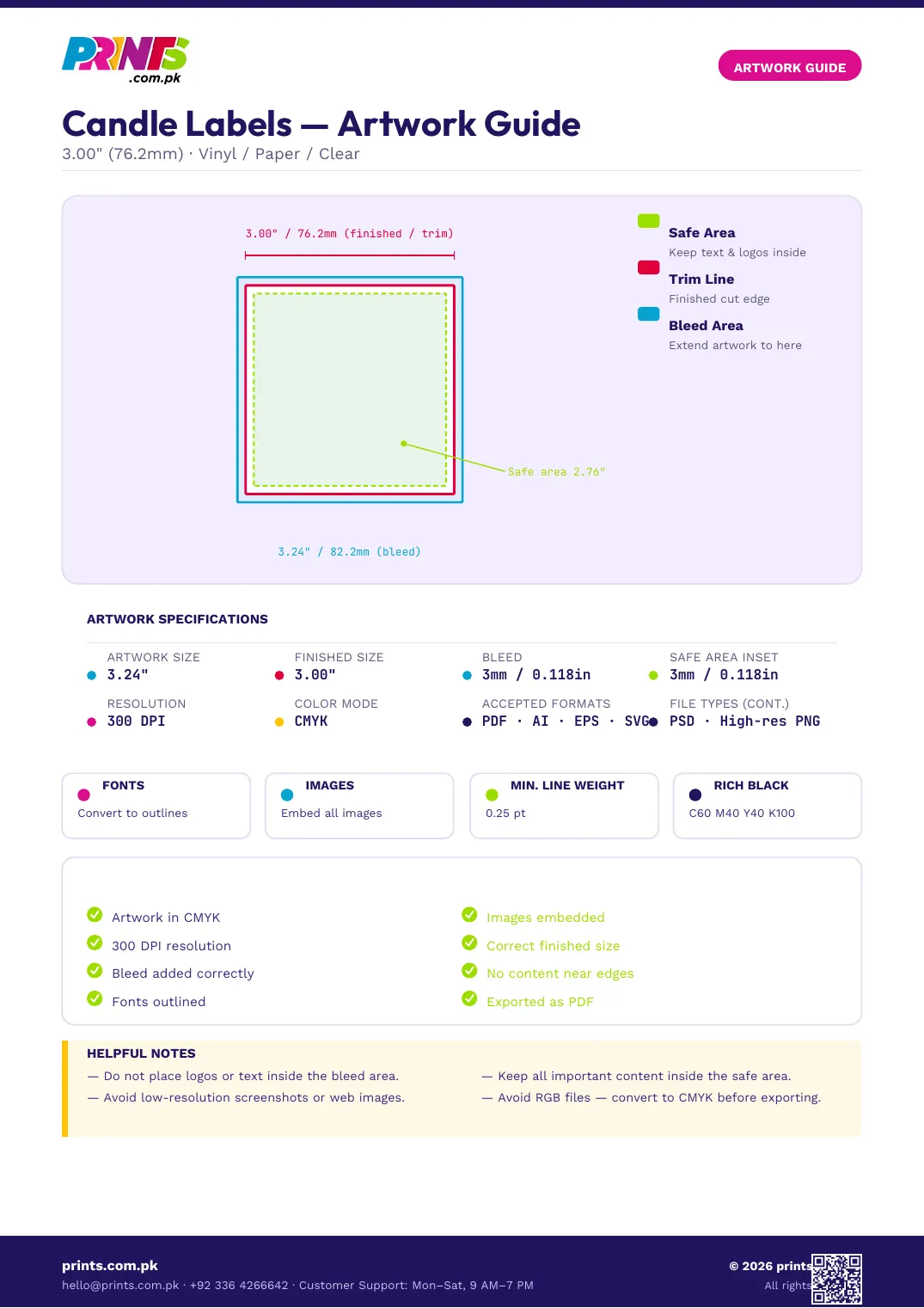 Candle Labels artwork guide showing bleed, trim line and safe area