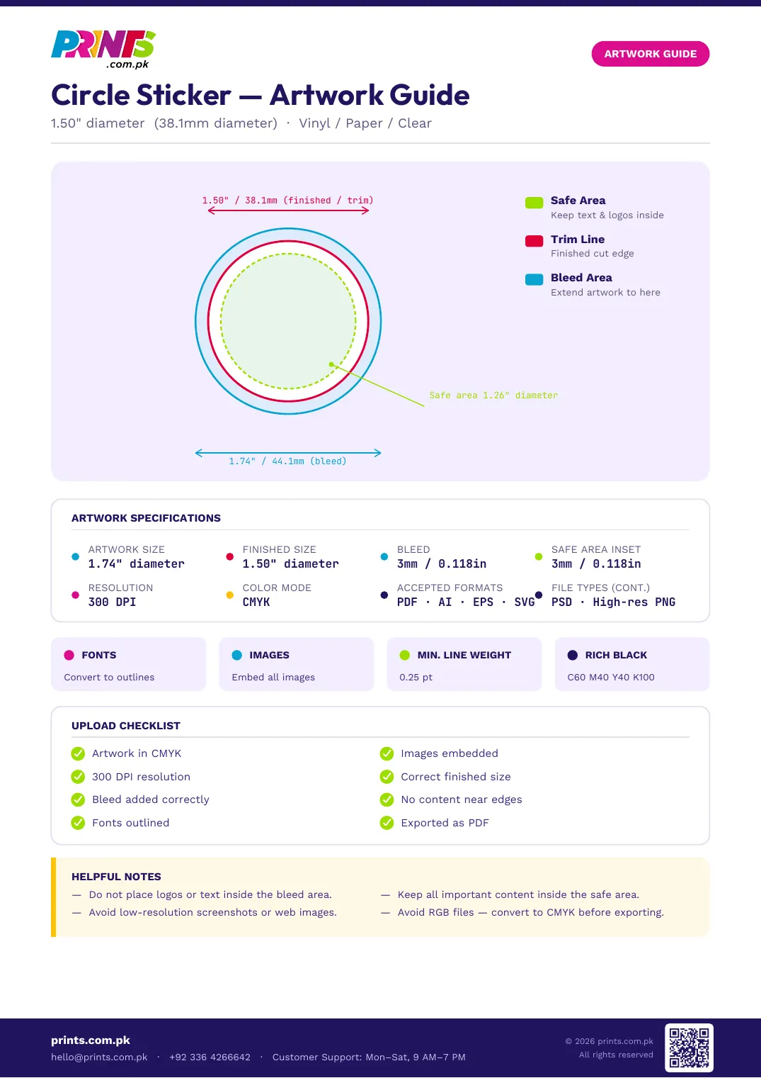 Circle artwork guide showing bleed, trim line and safe area