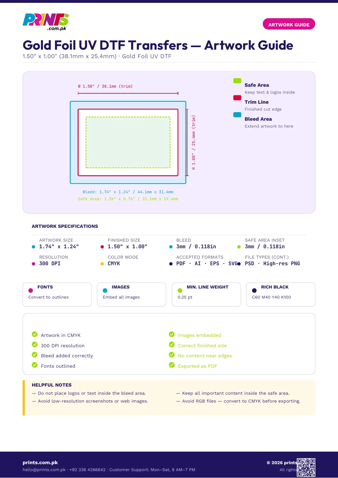 Gold Foil UV DTF Transfers artwork guide showing bleed, trim line and safe area