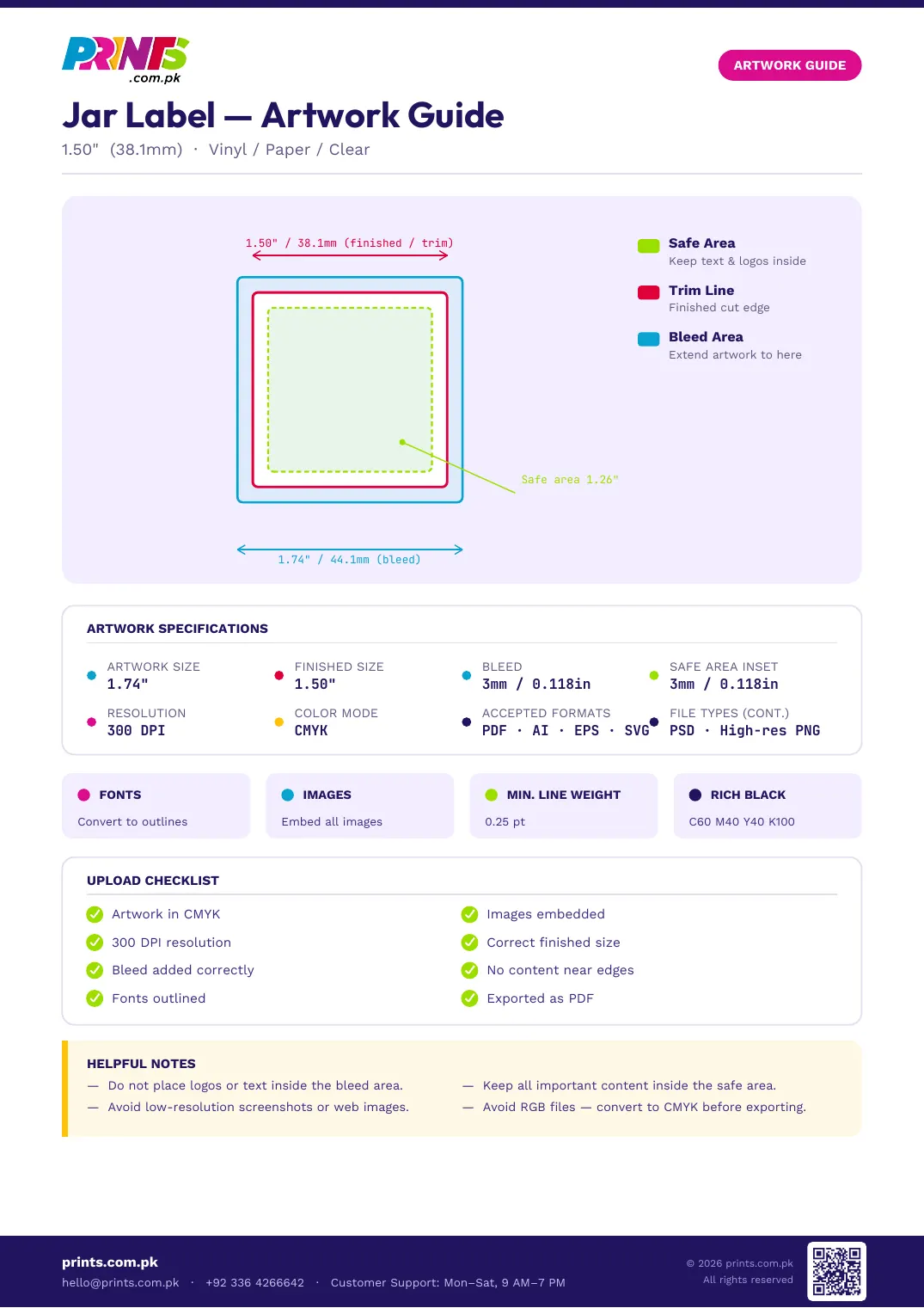 Jar Label artwork guide showing bleed, trim line and safe area