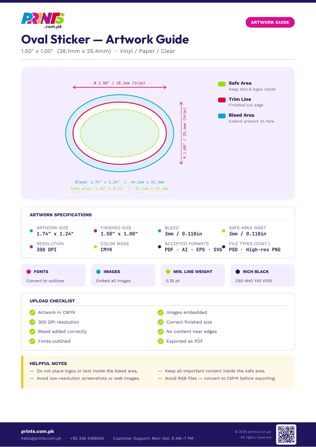 Oval artwork guide showing bleed, trim line and safe area