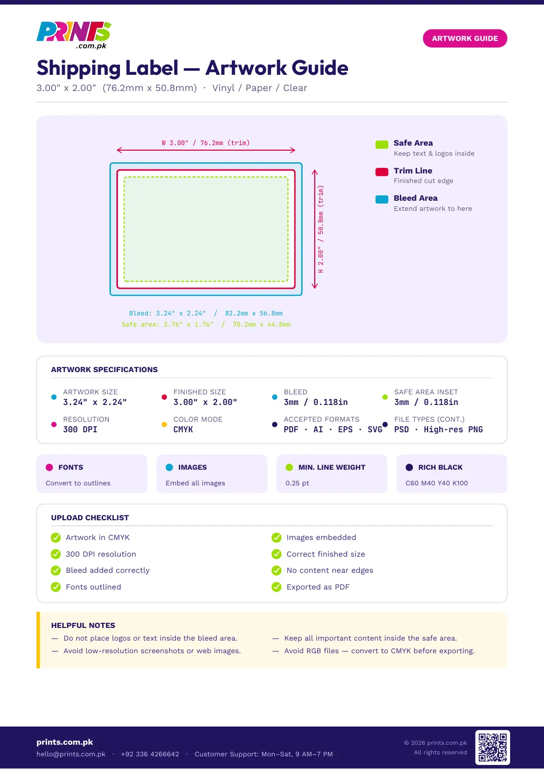 Shipping Label artwork guide showing bleed, trim line and safe area