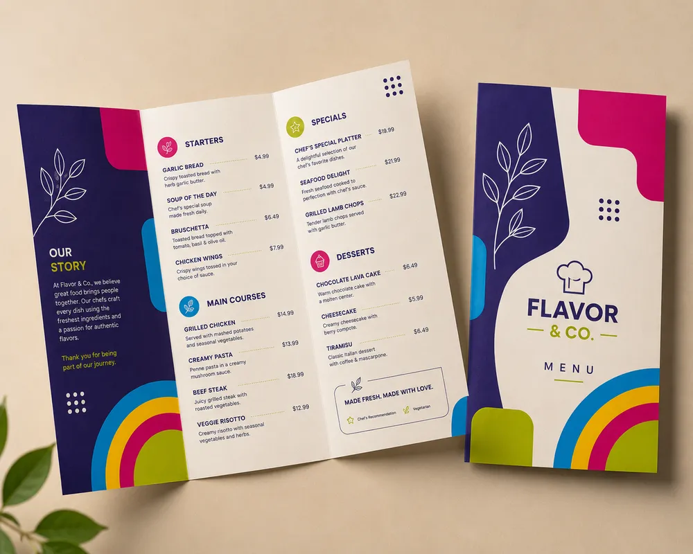 Menu Cards Restaurant Catering — Custom / multiple sizes inch