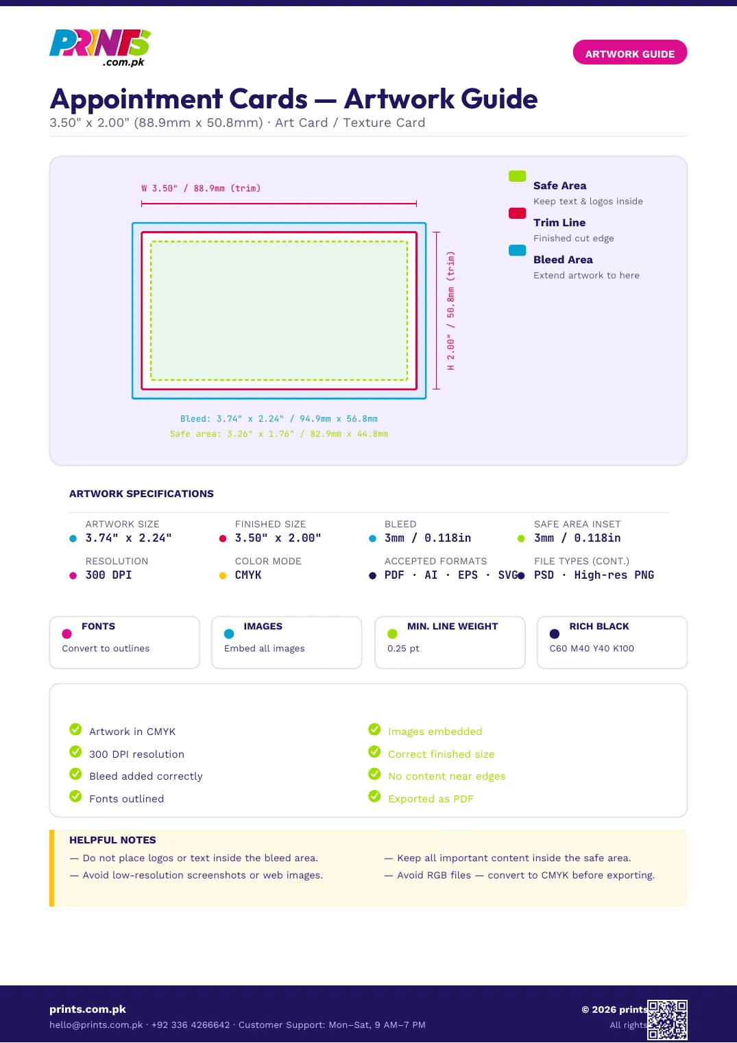 Appointment Cards artwork guide showing bleed, trim line and safe area
