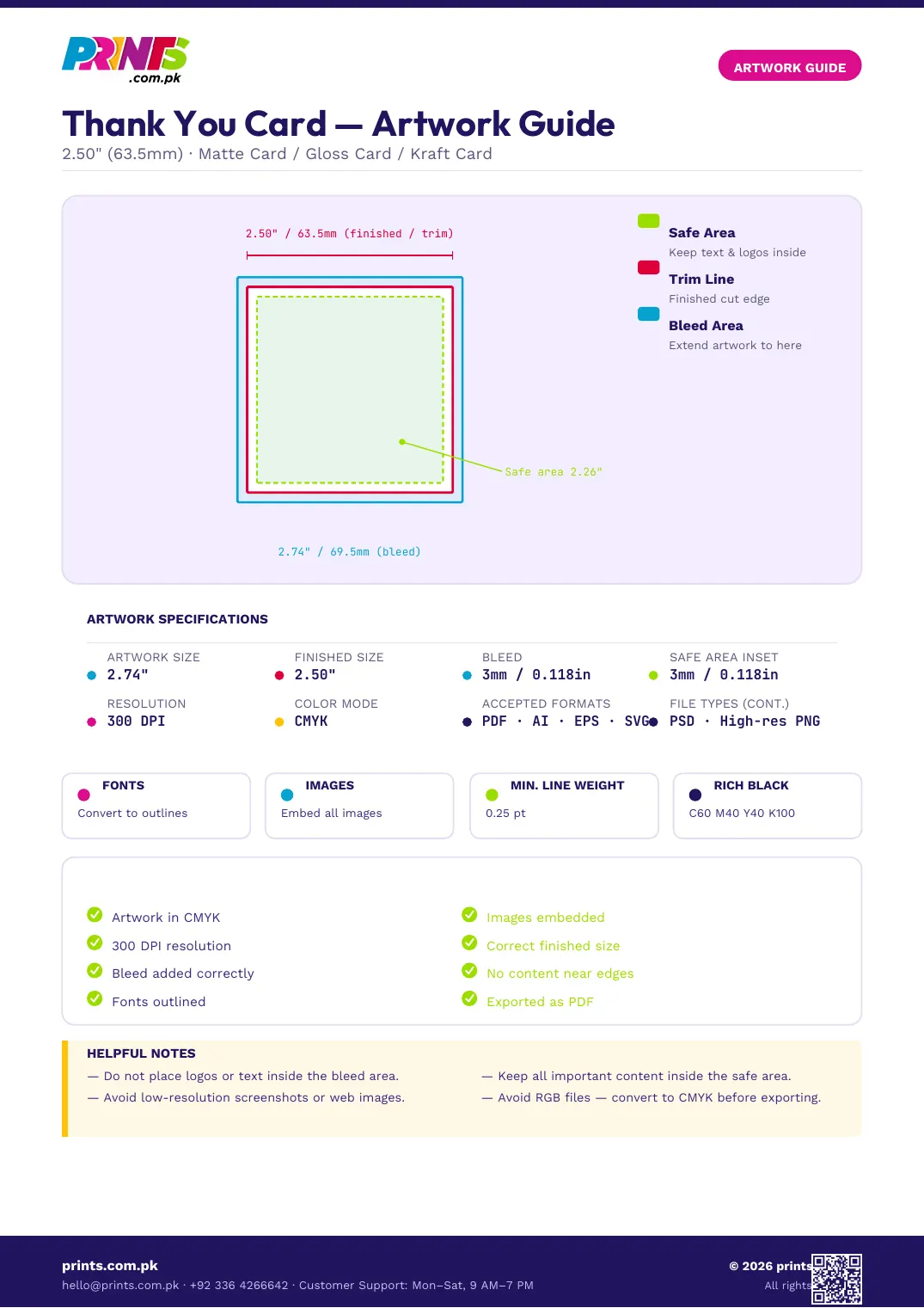 Thank You Card artwork guide showing bleed, trim line and safe area