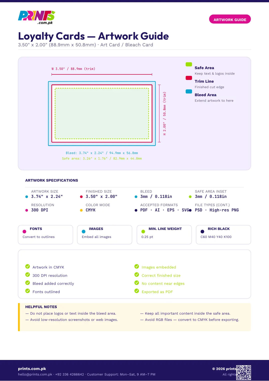 Loyalty Cards artwork guide showing bleed, trim line and safe area