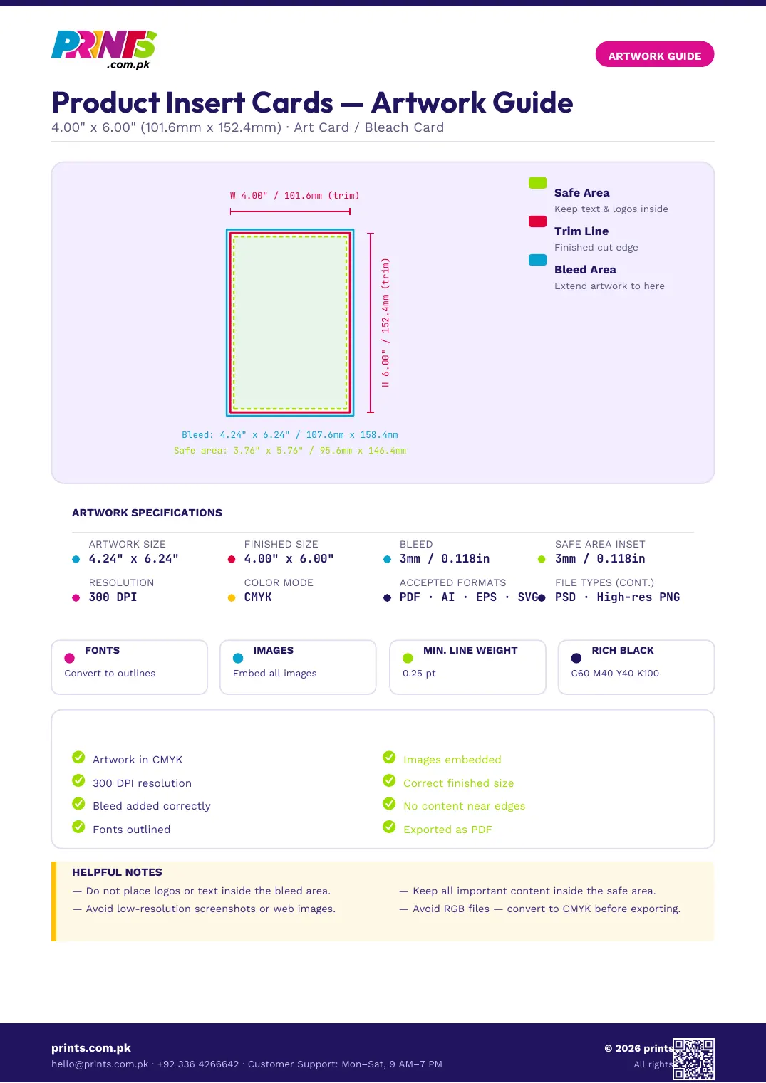 Product Insert Cards artwork guide showing bleed, trim line and safe area