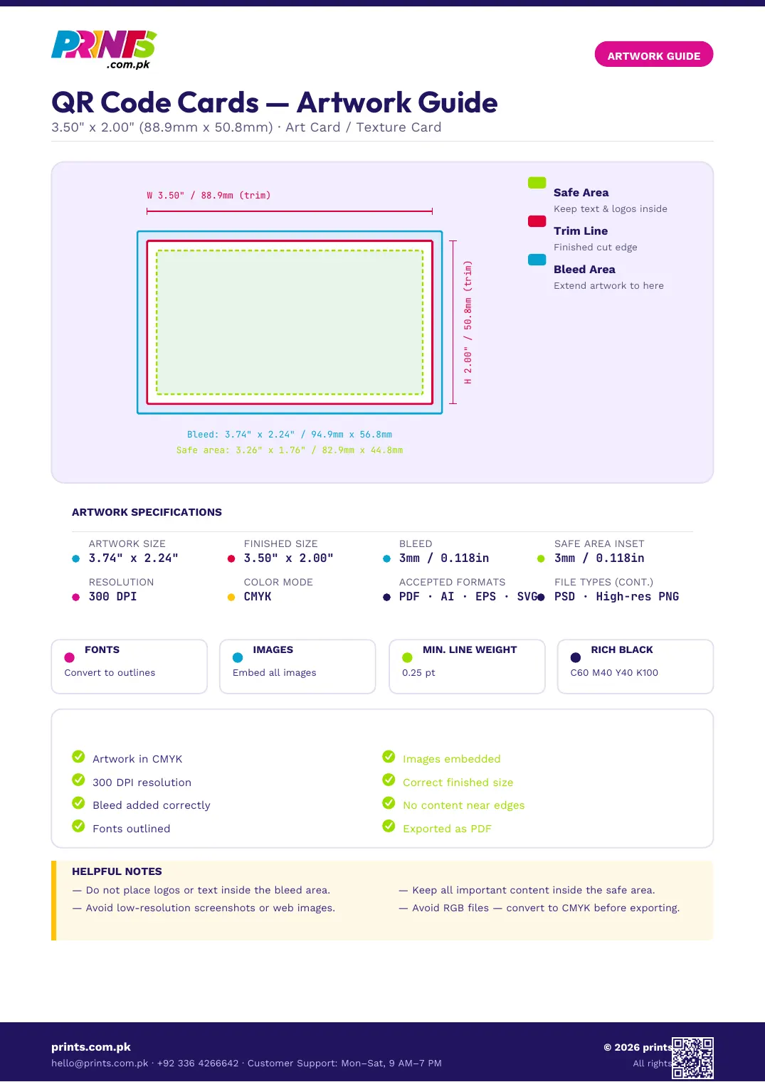 QR Code Cards artwork guide showing bleed, trim line and safe area