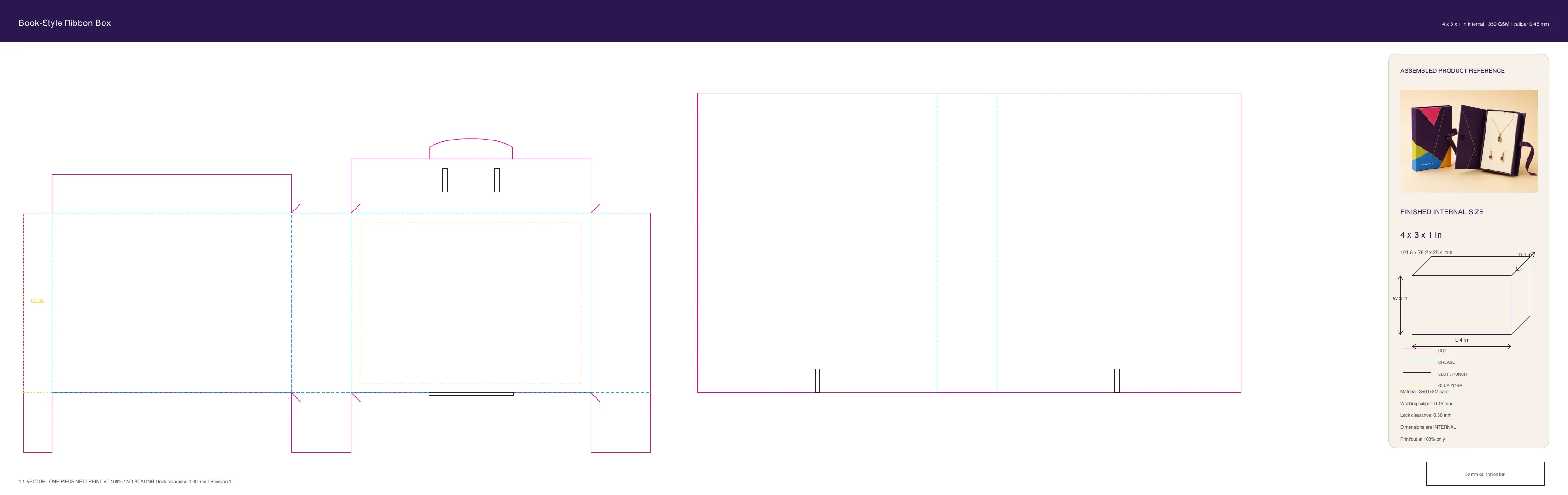 Book-Style Ribbon Box artwork guide showing dieline layout