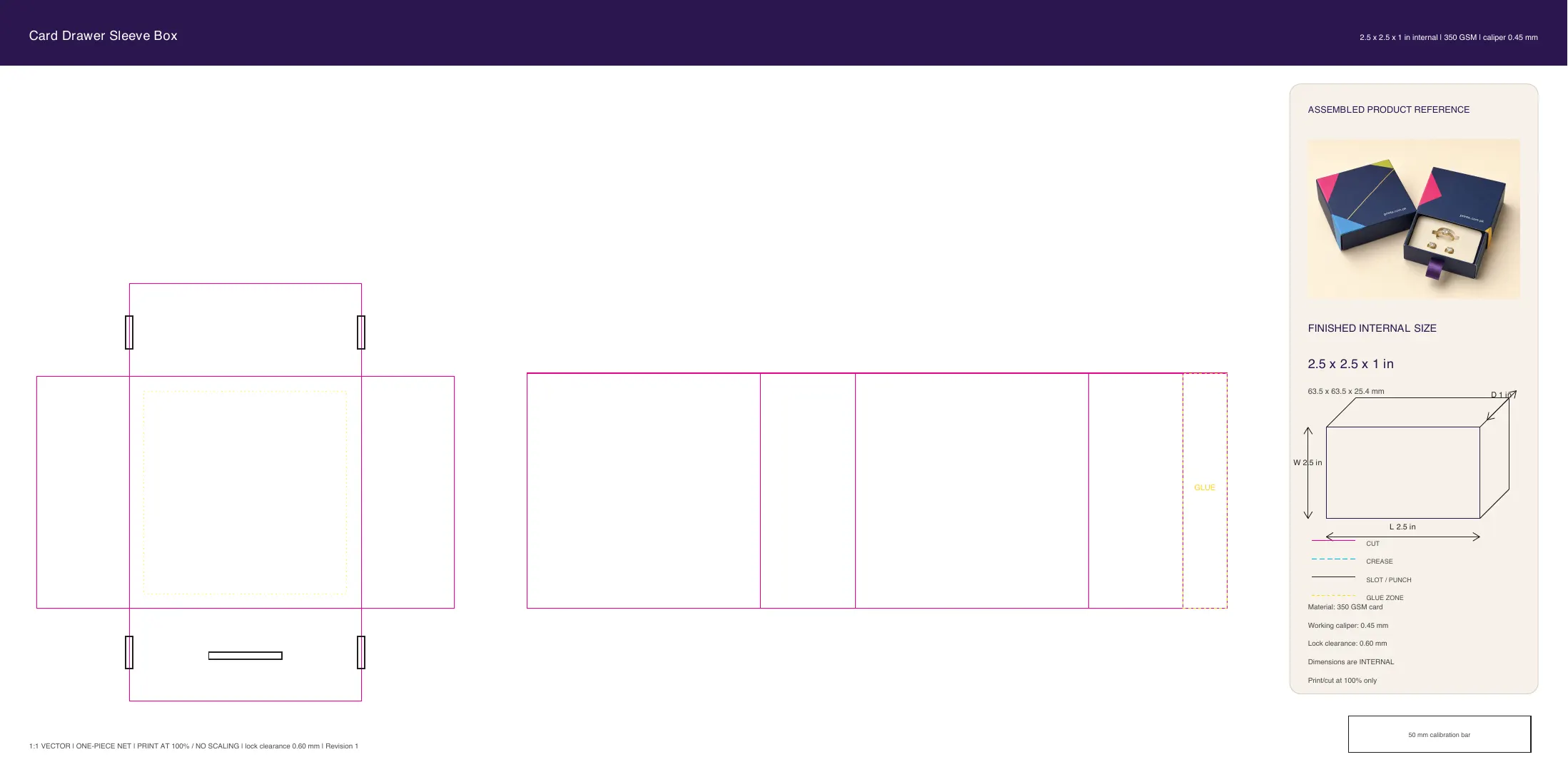 Card Drawer Sleeve Box artwork guide showing dieline layout