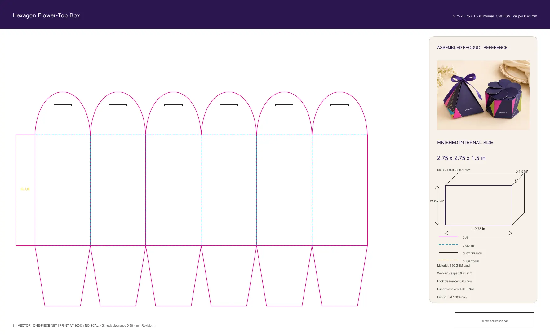 Hexagon Flower-Top Box artwork guide showing dieline layout
