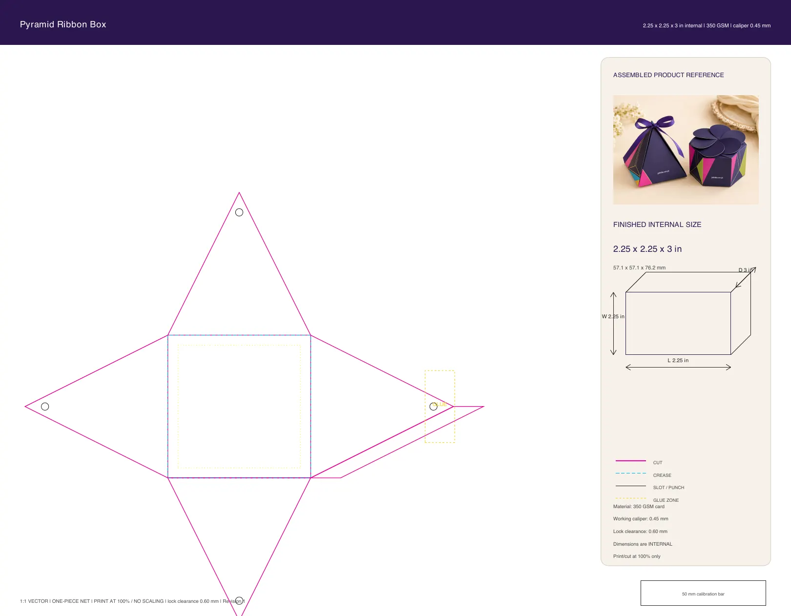 Pyramid Ribbon Box artwork guide showing dieline layout