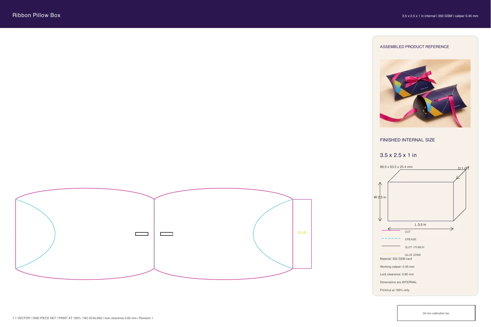 Ribbon Pillow Box artwork guide showing dieline layout