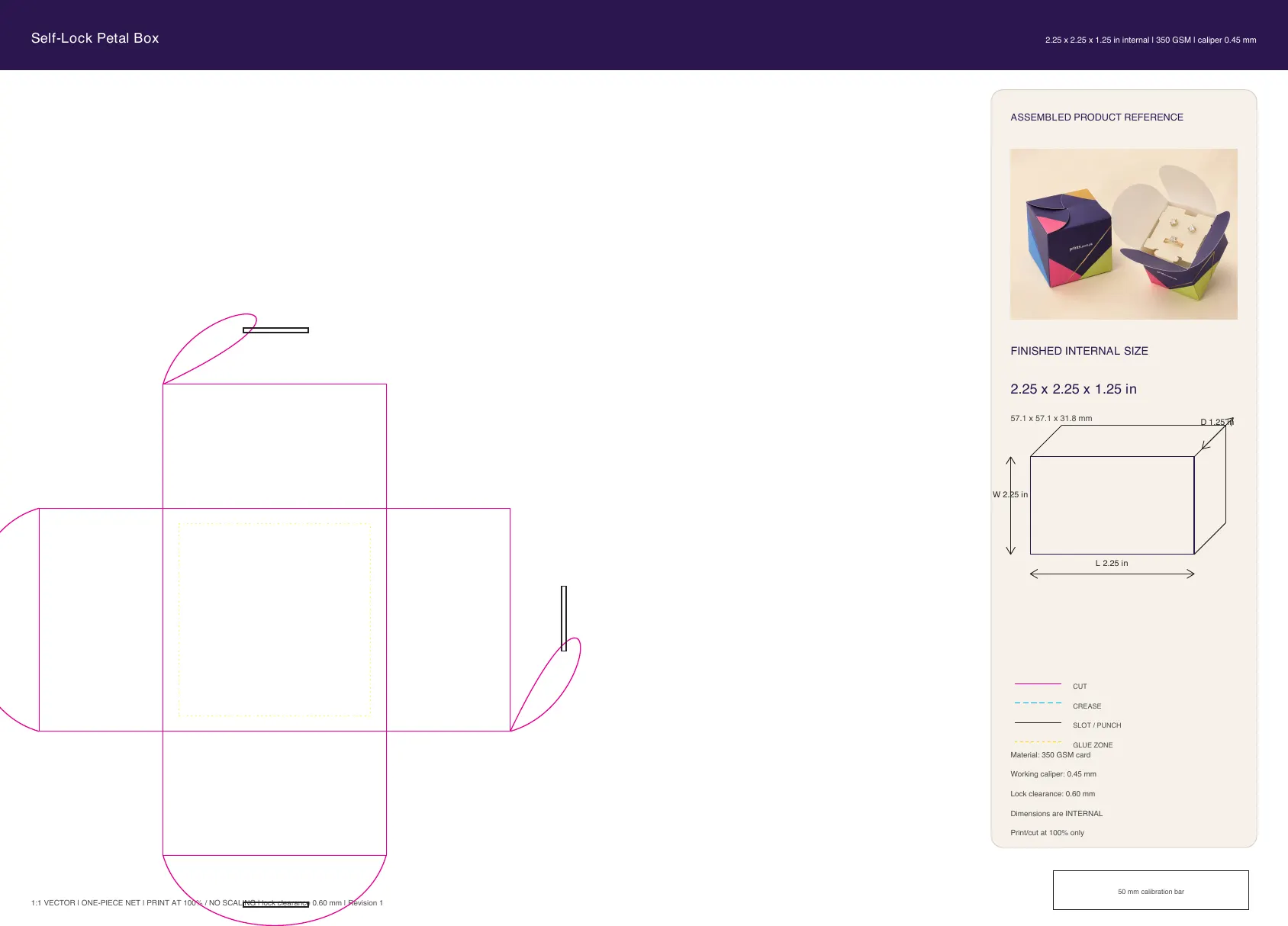 Self-Lock Petal Box artwork guide showing dieline layout
