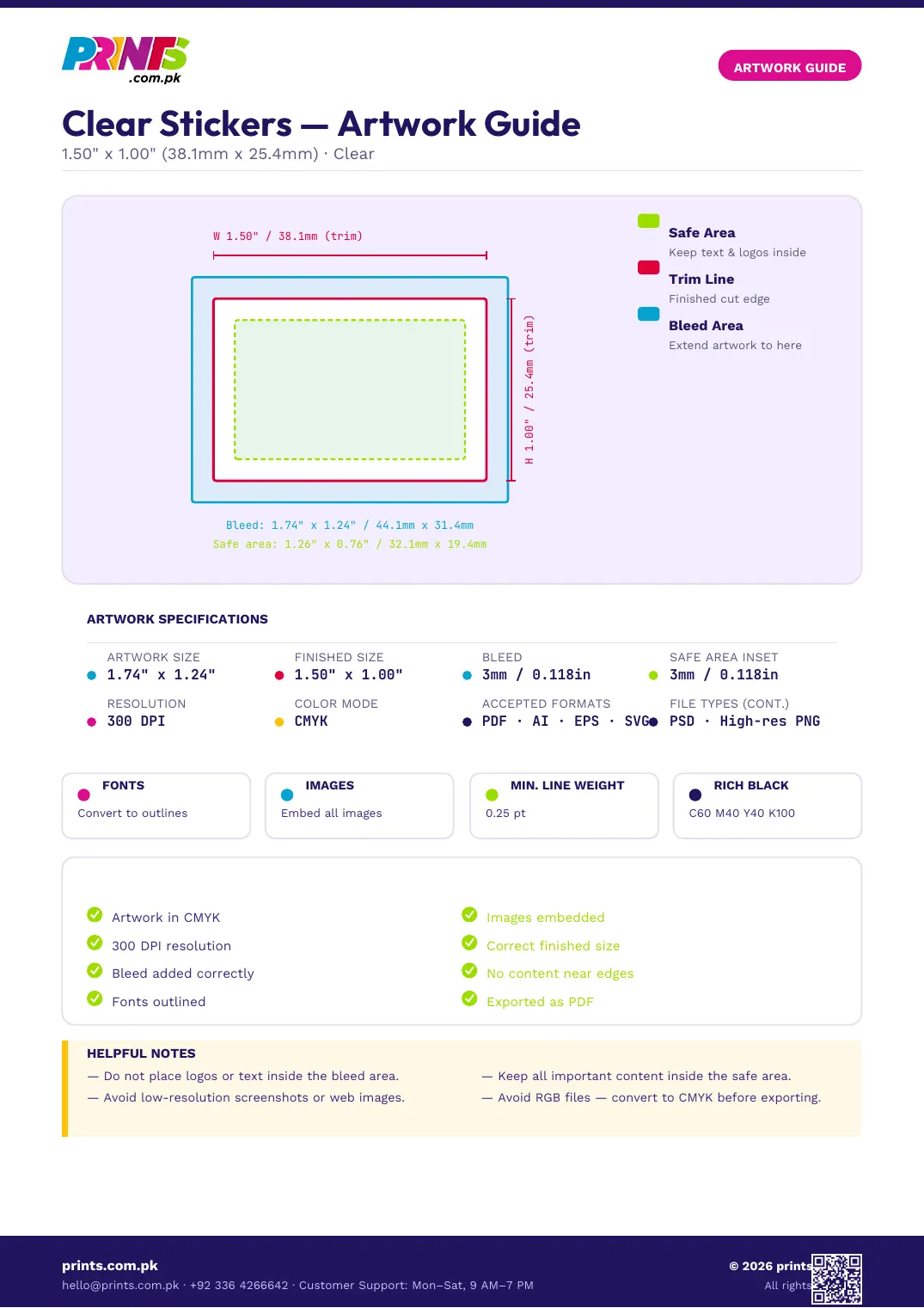 Clear Stickers artwork guide showing bleed, trim line and safe area