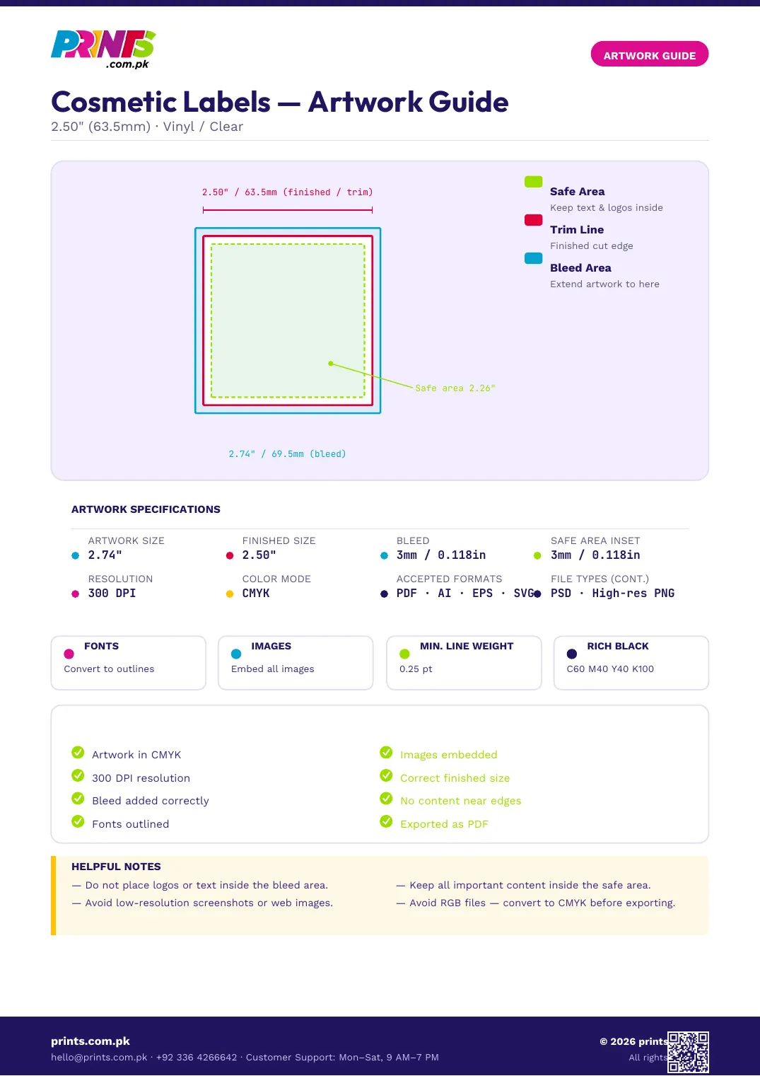 Cosmetic Labels artwork guide showing bleed, trim line and safe area