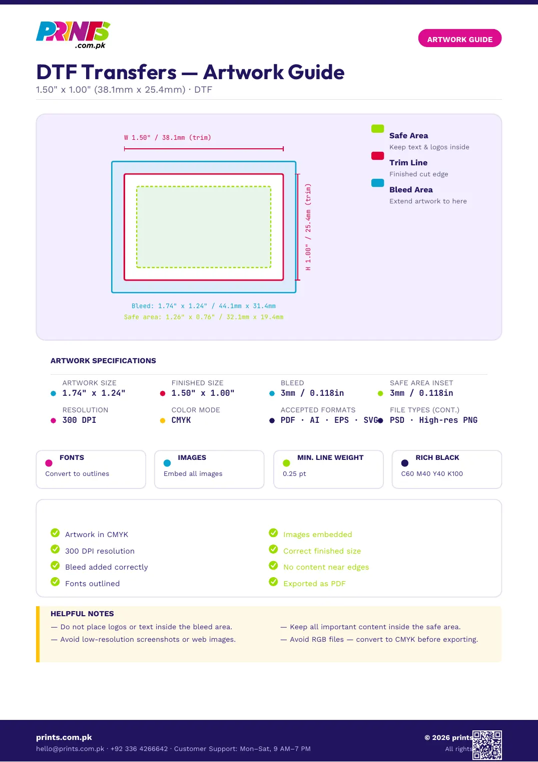 DTF Transfers artwork guide showing bleed, trim line and safe area