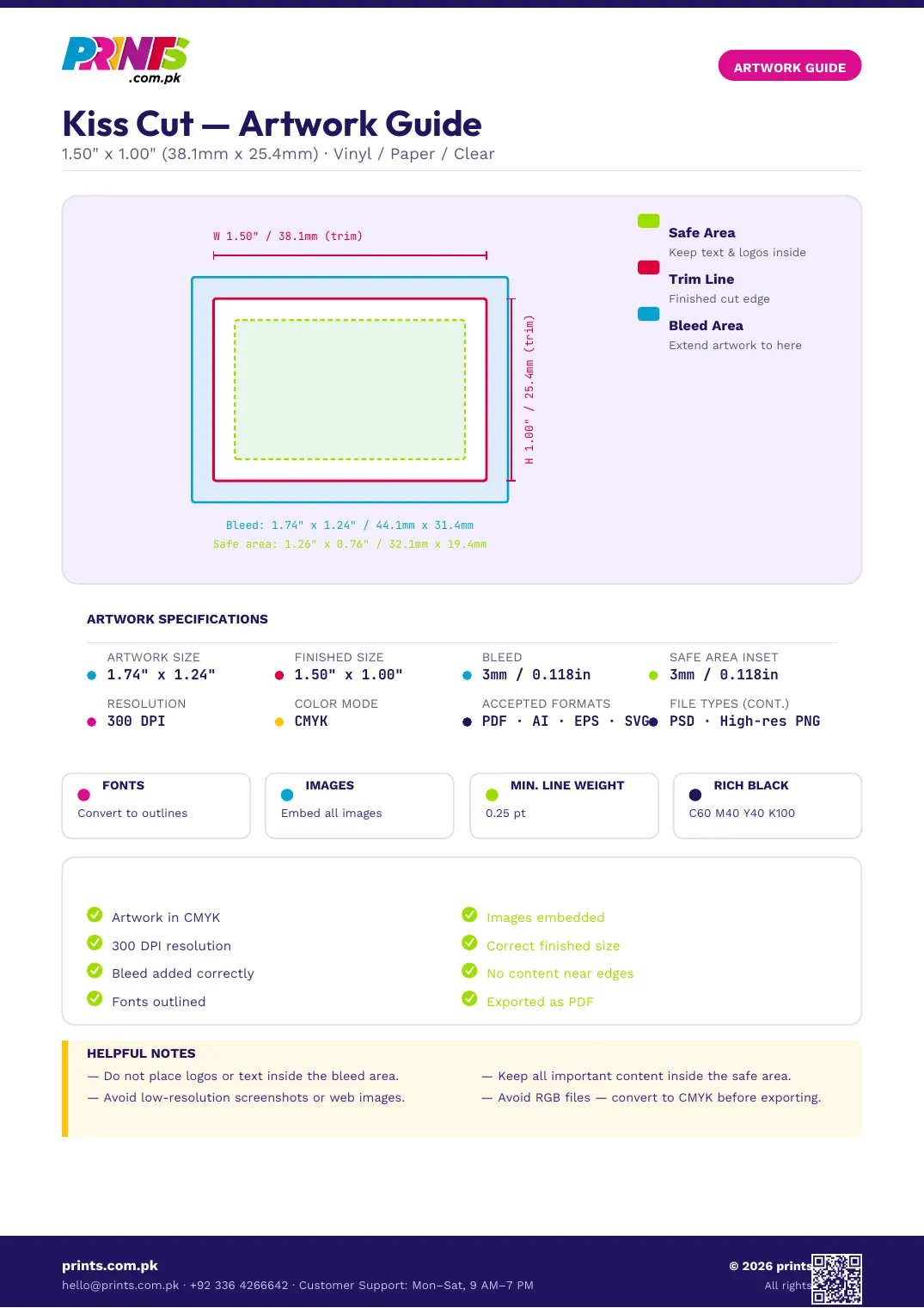 Kiss Cut artwork guide showing bleed, trim line and safe area