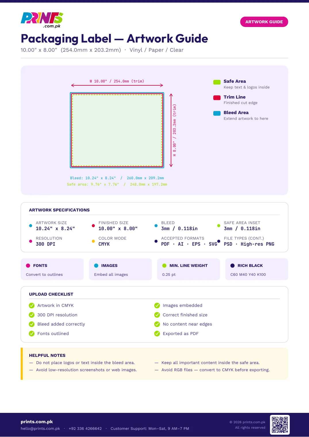 Packaging Label artwork guide showing bleed, trim line and safe area