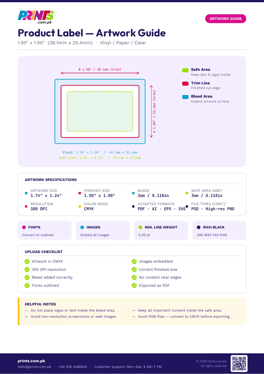 Product Label artwork guide showing bleed, trim line and safe area