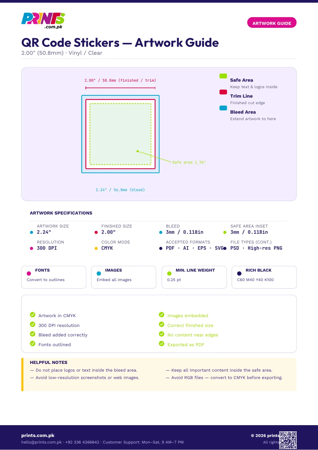 QR Code Stickers artwork guide showing bleed, trim line and safe area