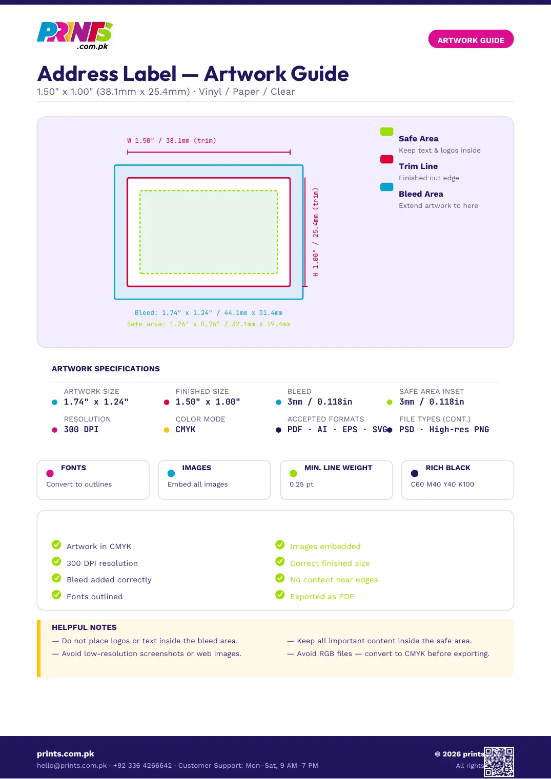 Rectangle artwork guide showing bleed, trim line and safe area