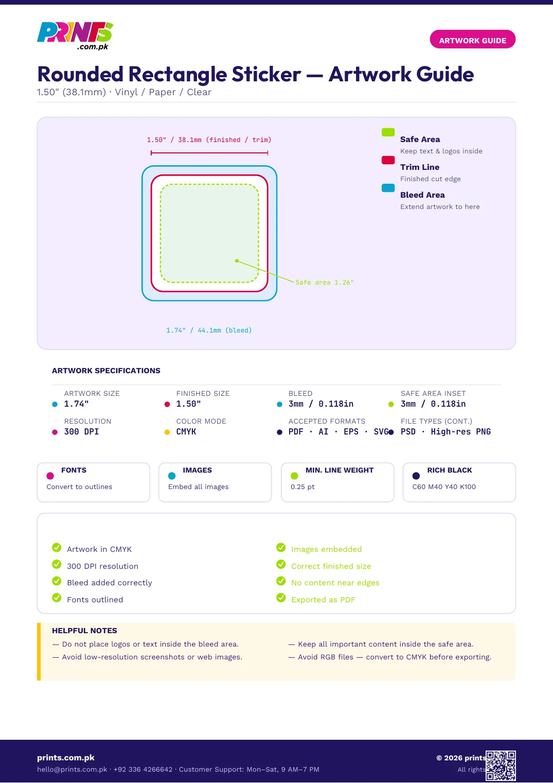 Rounded Rectangle artwork guide showing bleed, trim line and safe area