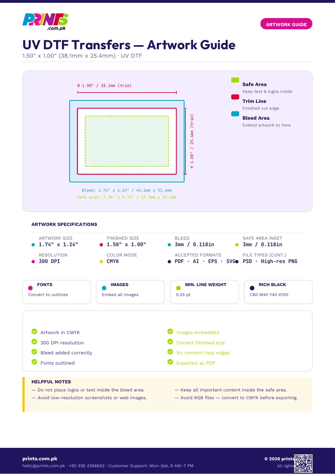 UV DTF Transfers artwork guide showing bleed, trim line and safe area